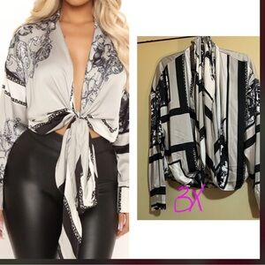 Fashion Nova Black and White Tie Blouse 3x New